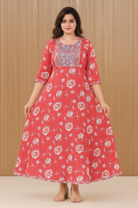 Women’s Red Floral Printed Anarkali Grown