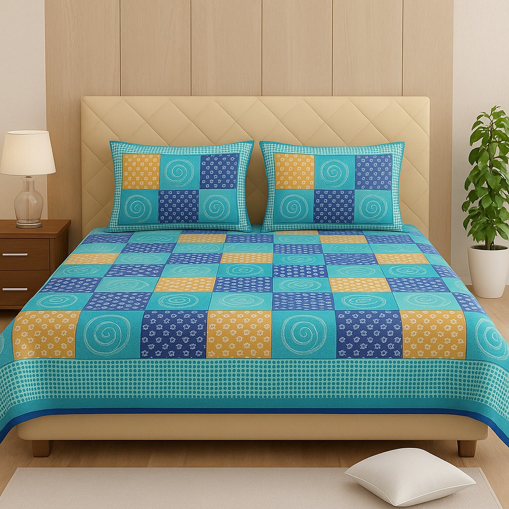 Blue & Yellow Geometric Cotton Double Bedsheet with 2 Pillow Covers