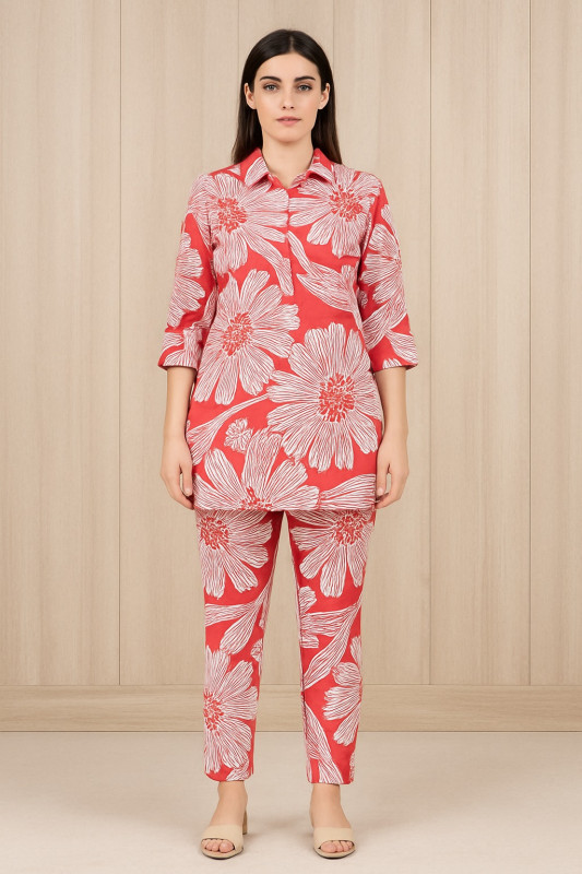 Women’s Red Floral Printed Cotton Kurta with Pant Set