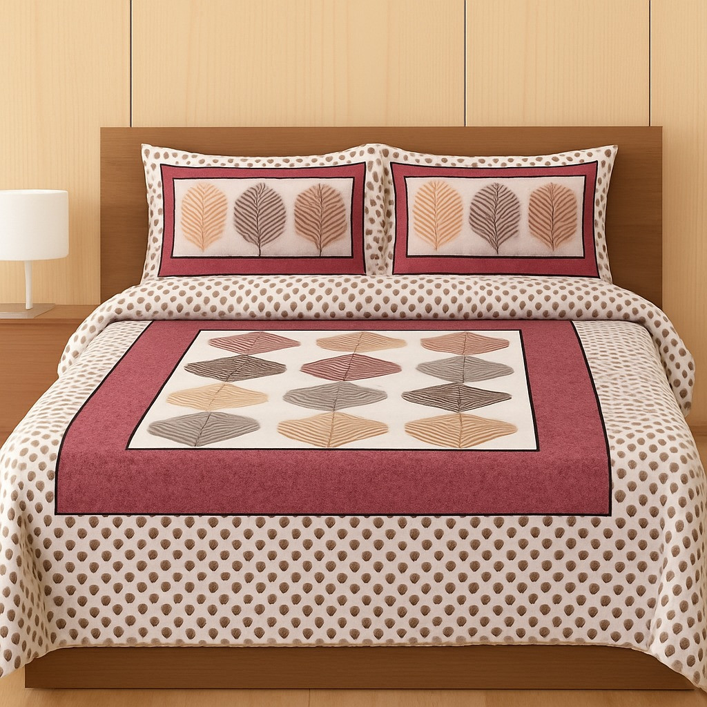 Maroon & Beige Leaf Print Cotton Double Bedsheet with 2 Pillow Covers