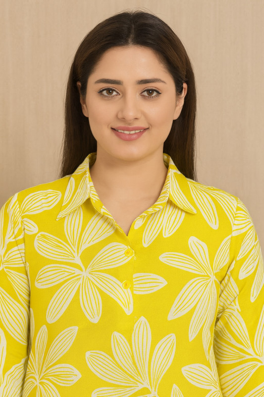 Yellow Floral Print Shirt Collar Kurta Set