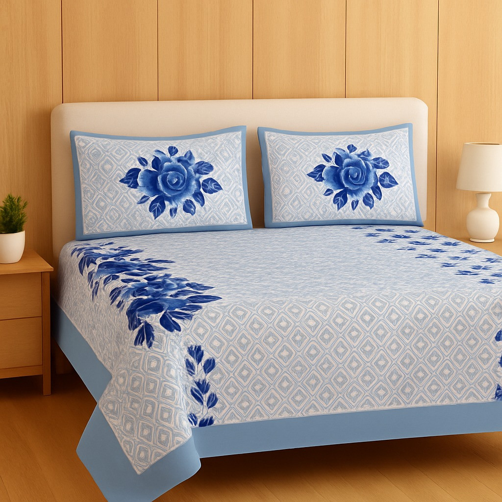 Blue Rose Print Cotton Double Bedsheet with 2 Pillow Covers