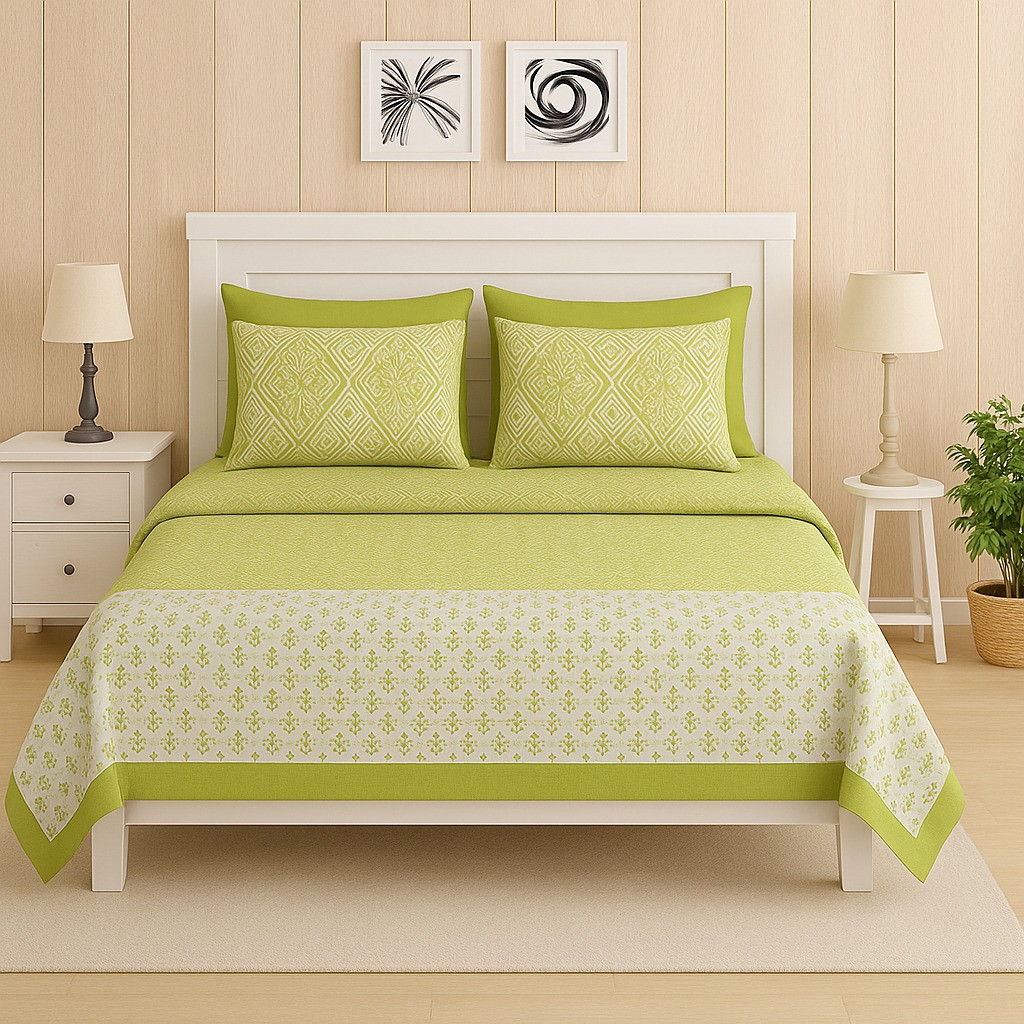 Light Green & White Cotton Double Bedsheet with 2 Pillow Covers