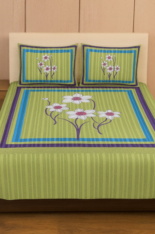 Floral Print Cotton Green Double Bed Sheet with Pillow Covers