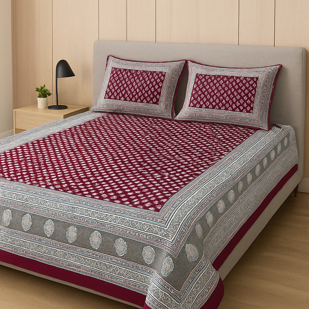 Maroon & Grey Cotton Double Bedsheet with 2 Pillow Covers