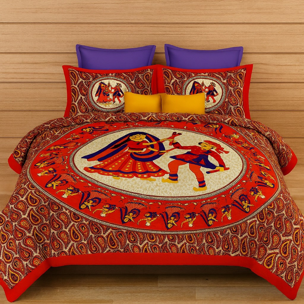 Ethnic Rajasthani Garba Dance Print Cotton Double Bedsheet with 2 Pillow Covers – Red & Multicolor