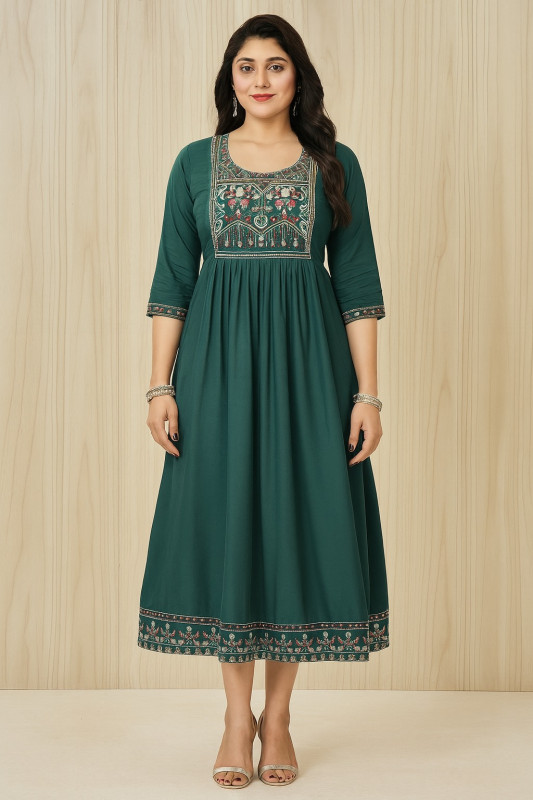 Women’s Dark Green Embroidered Anarkali Long Grown Dress