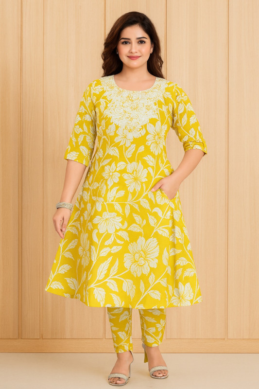 Yellow Floral Print Shirt Collar Kurta Set