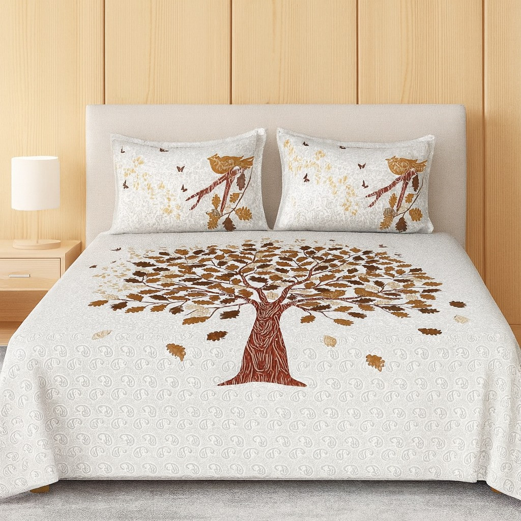 Beige Cotton Double Bedsheet with Tree & Bird Print and 2 Pillow Covers