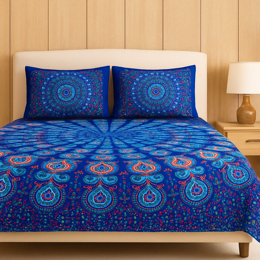 : Royal Blue Mandala Print Cotton Double Bedsheet with 2 Pillow Covers