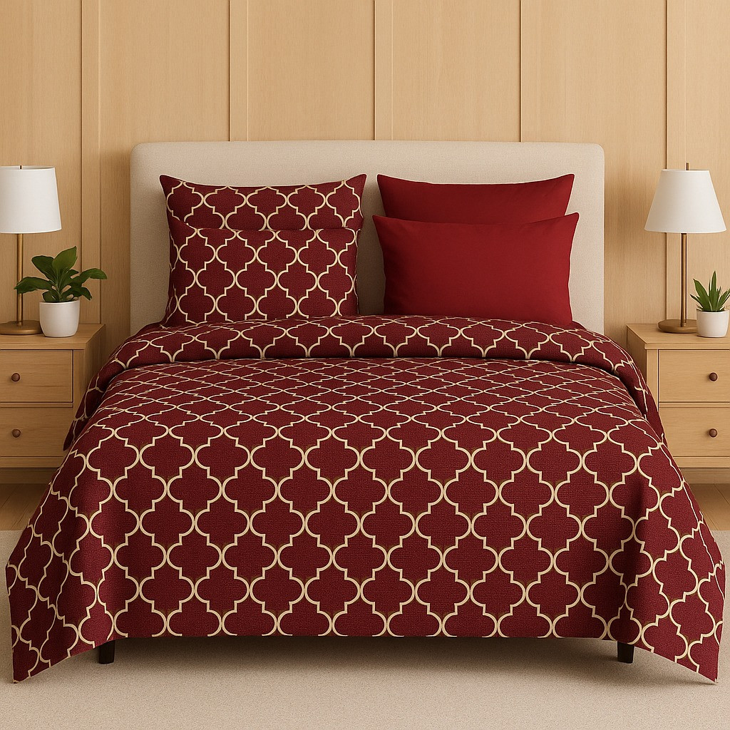 Luxury Cotton Maroon Geometric Printed Double Bed Sheet with Pillow Covers
