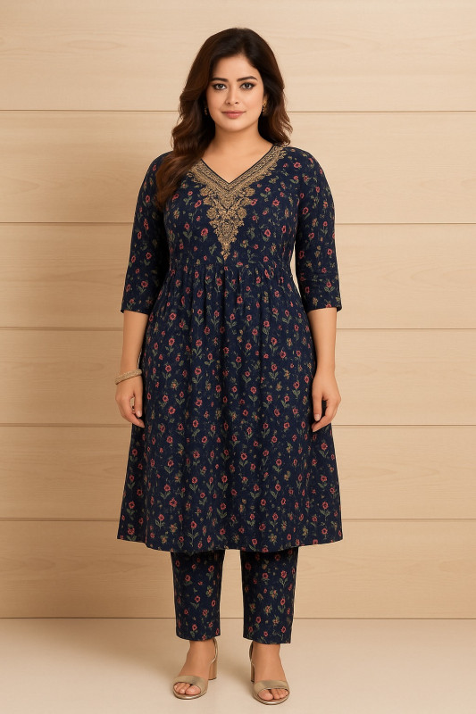 : Navy Blue Floral Print Embroidered A-Line Dress with Matching Pants
