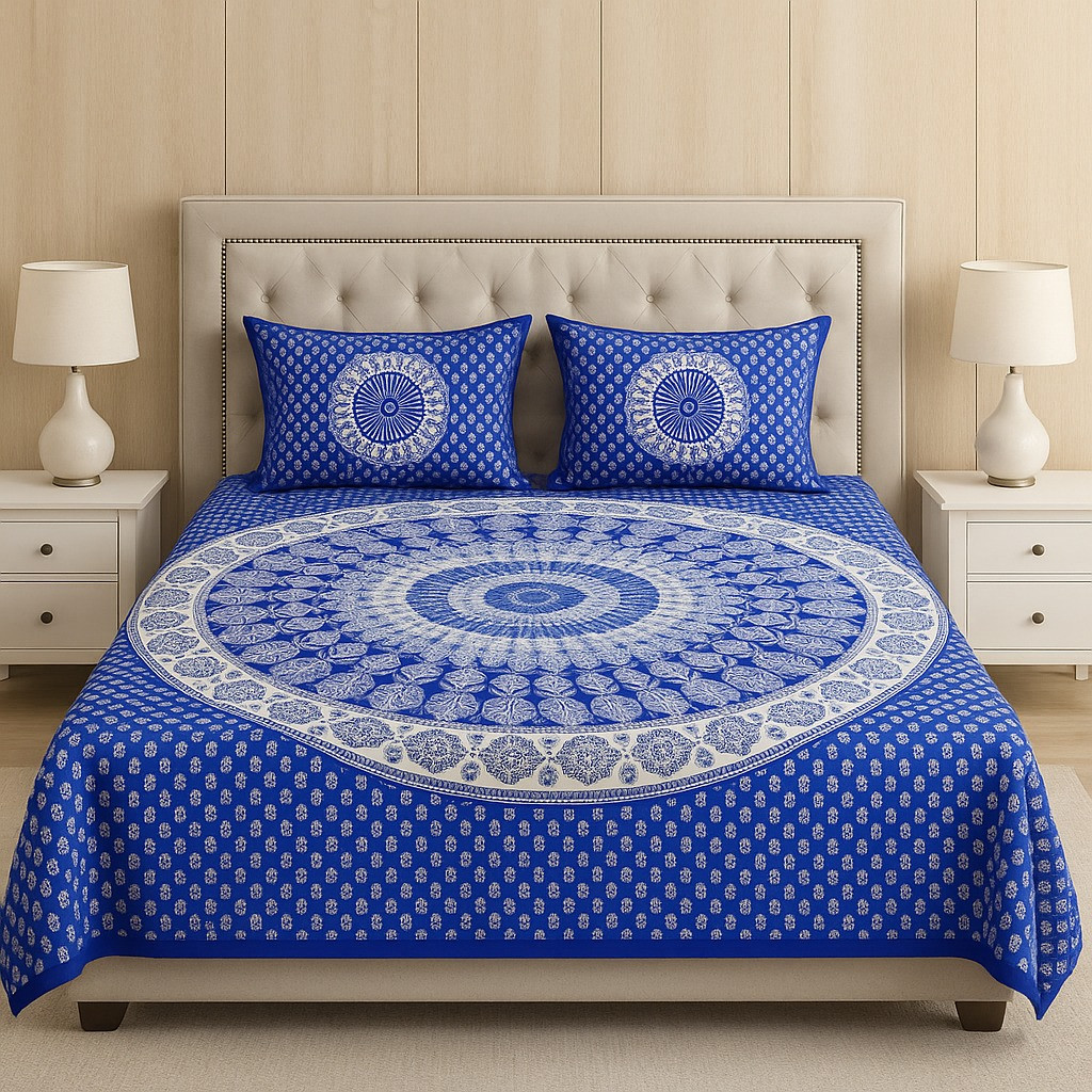 Royal Blue Mandala Print Cotton Double Bedsheet with 2 Pillow Covers