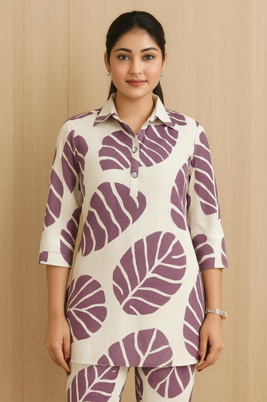 Ivory Purple Leaf Print Cotton Kurti Set