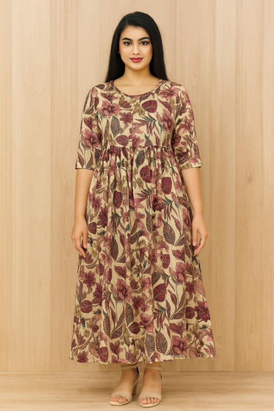 Elegant Beige & Maroon Floral Long Dress