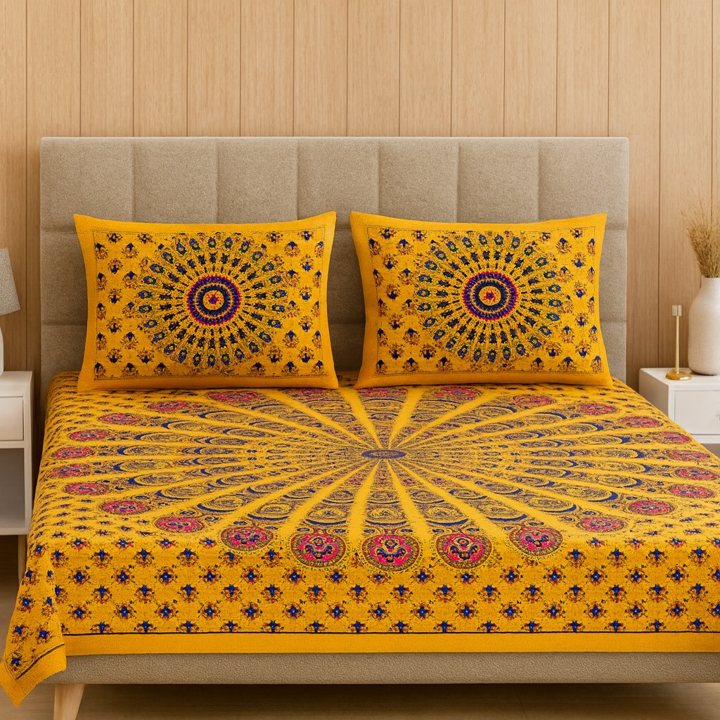 Premium Cotton Double Bedsheet with 2 Pillow Covers – Mandala Print (Yellow)