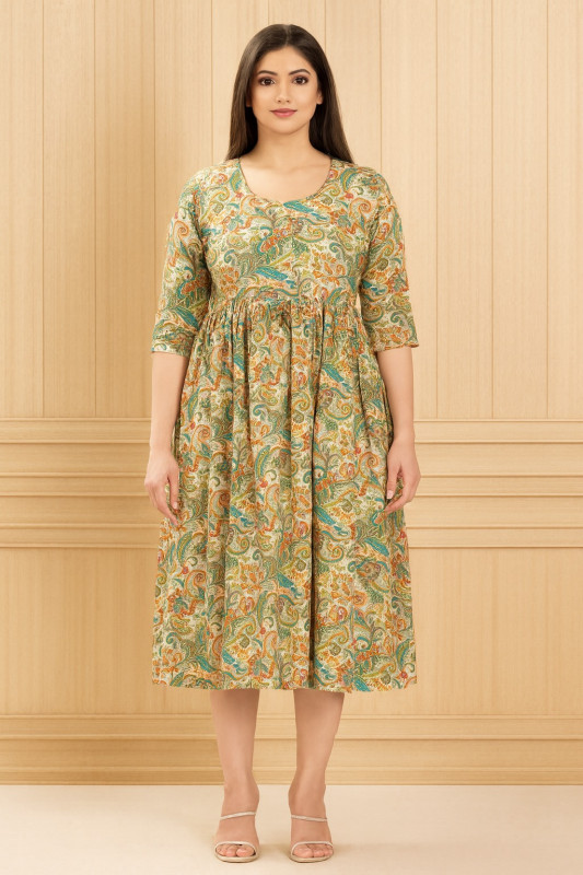 Green Paisley Print A-Line Dress with 3/4 Sleeves