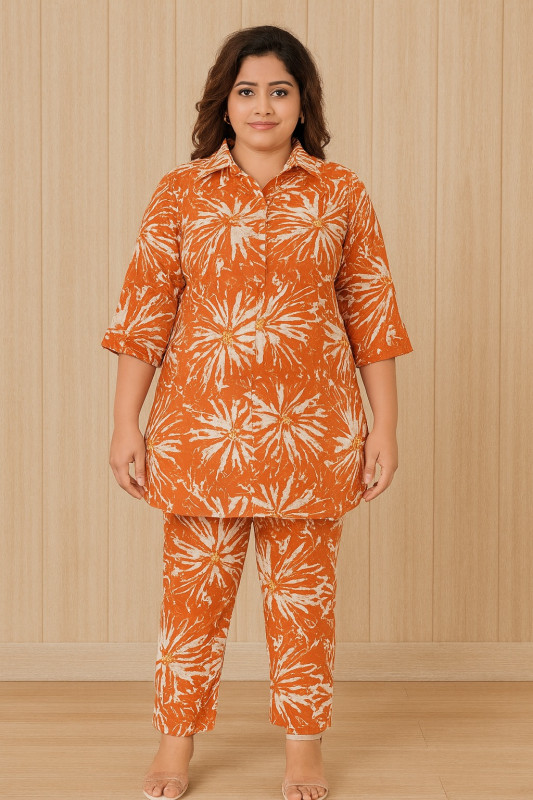 Women’s Orange Floral Burst Printed Cotton Kurta with Pant Set
