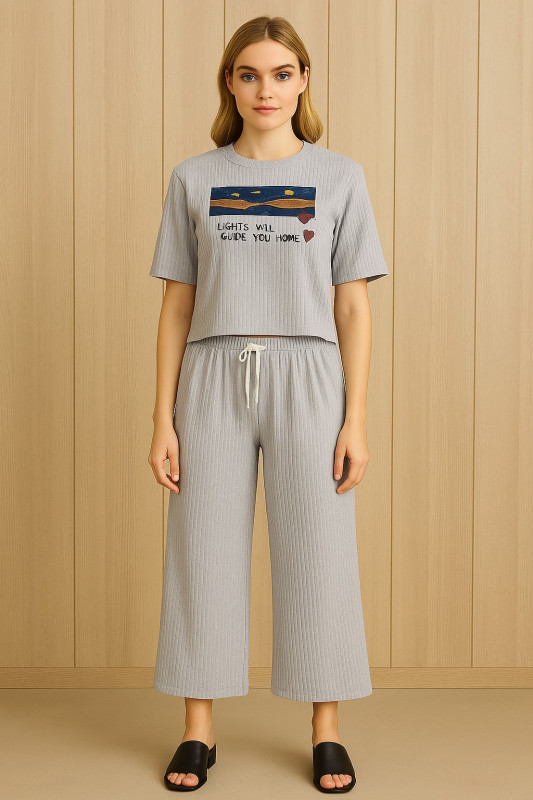 Women’s Grey Co-Ord Set | Printed T-Shirt & Wide-Leg Pants