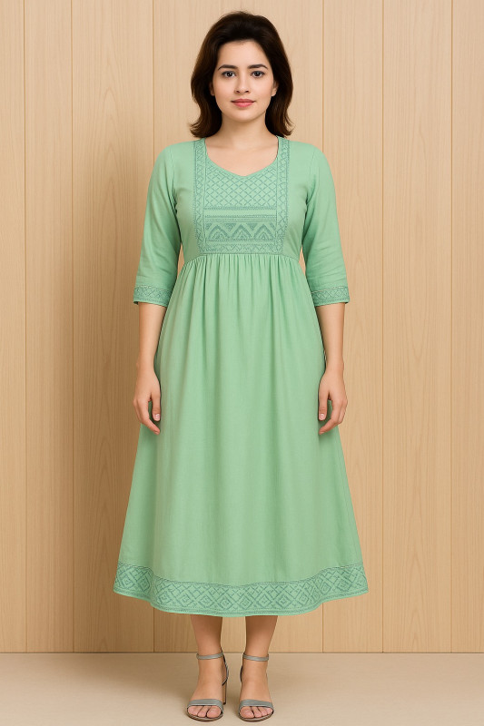 Women’s Pastel Green Rayon Embroidered  Long Grown Dress