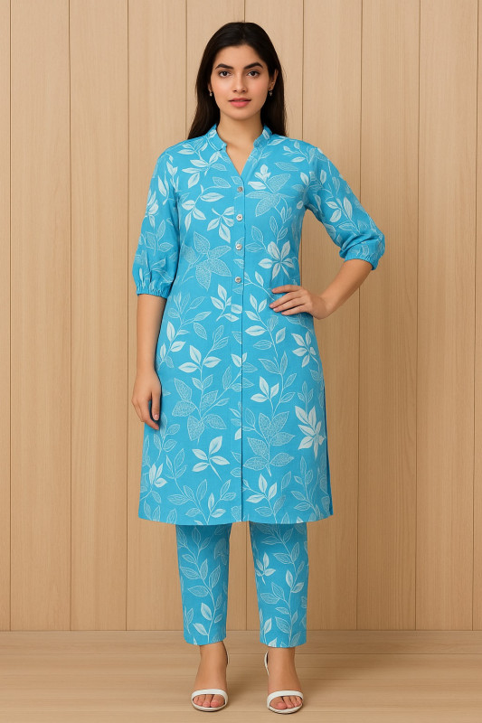 Women’s Blue Printed Cotton Kurta with Pant Set