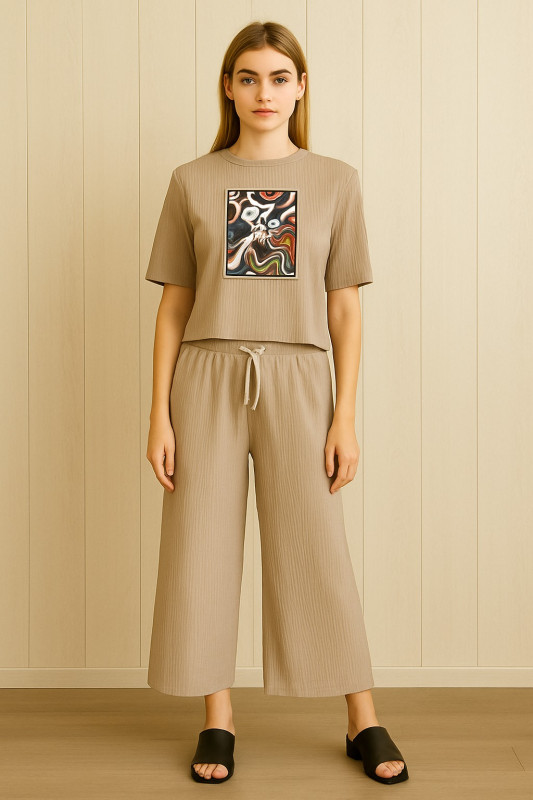 Women’s Beige Co-ord Set with Graphic Printed Top