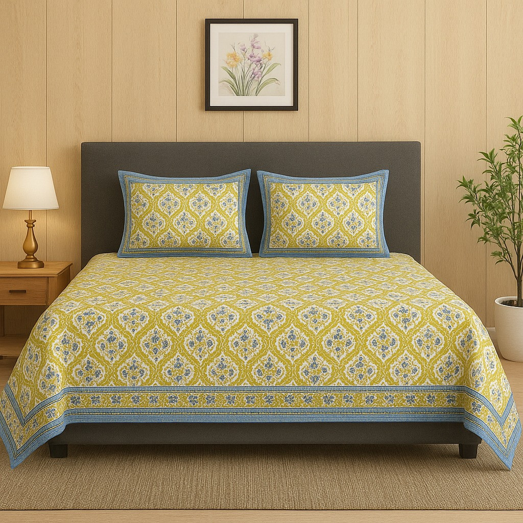 Light Green Cotton Double Bedsheet with 2 Pillow Covers