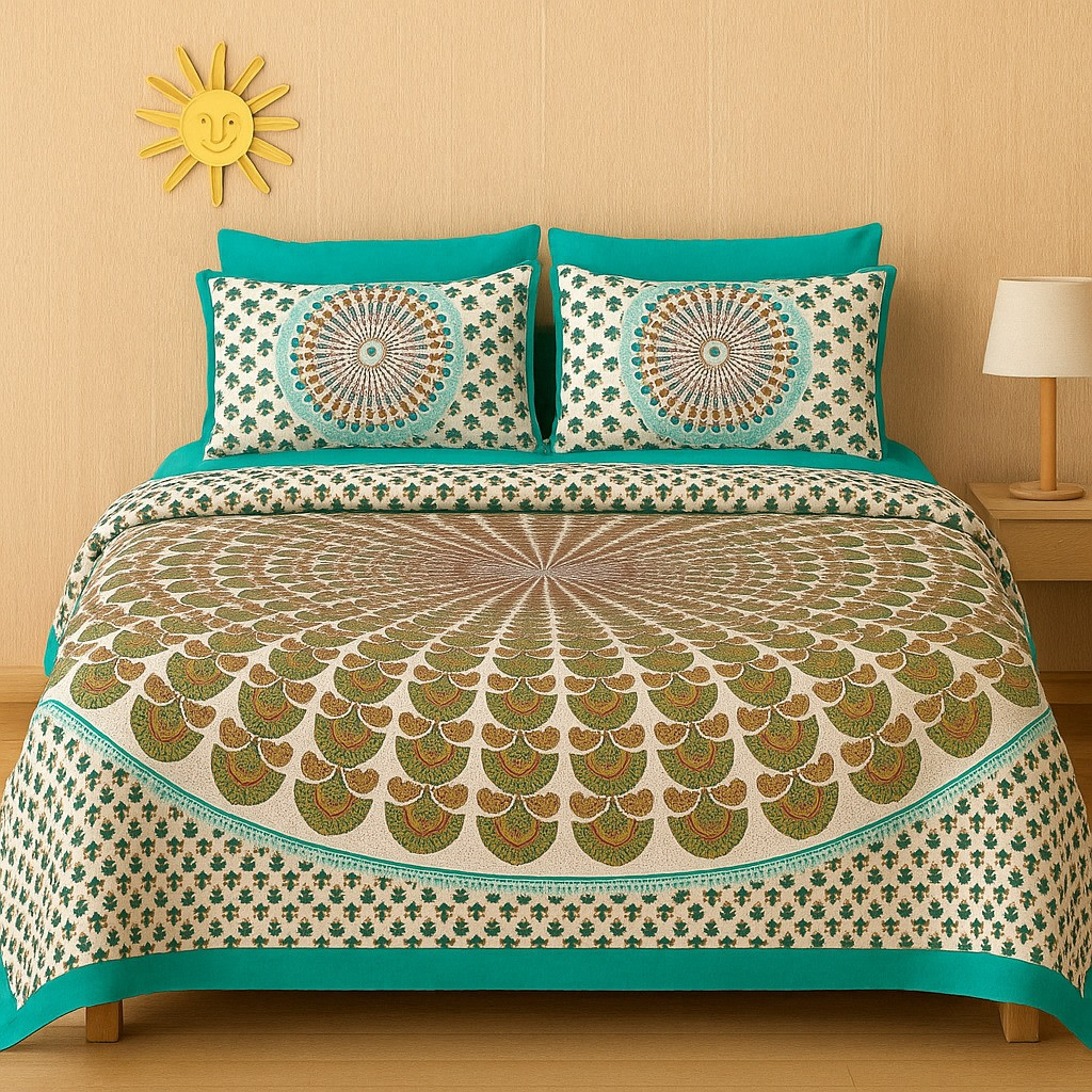 Ethnic Mandala Print Cotton Double Bedsheet with 2 Pillow Covers – Green & Beige