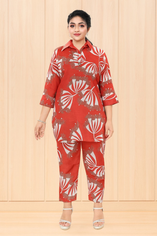 Women’s Red Abstract Floral Printed Cotton Kurta with Pant Set