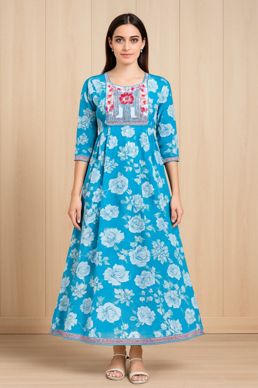 Women’s Sky Blue Floral Printed Anarkali Kurta Dress with Embroidered Yoke