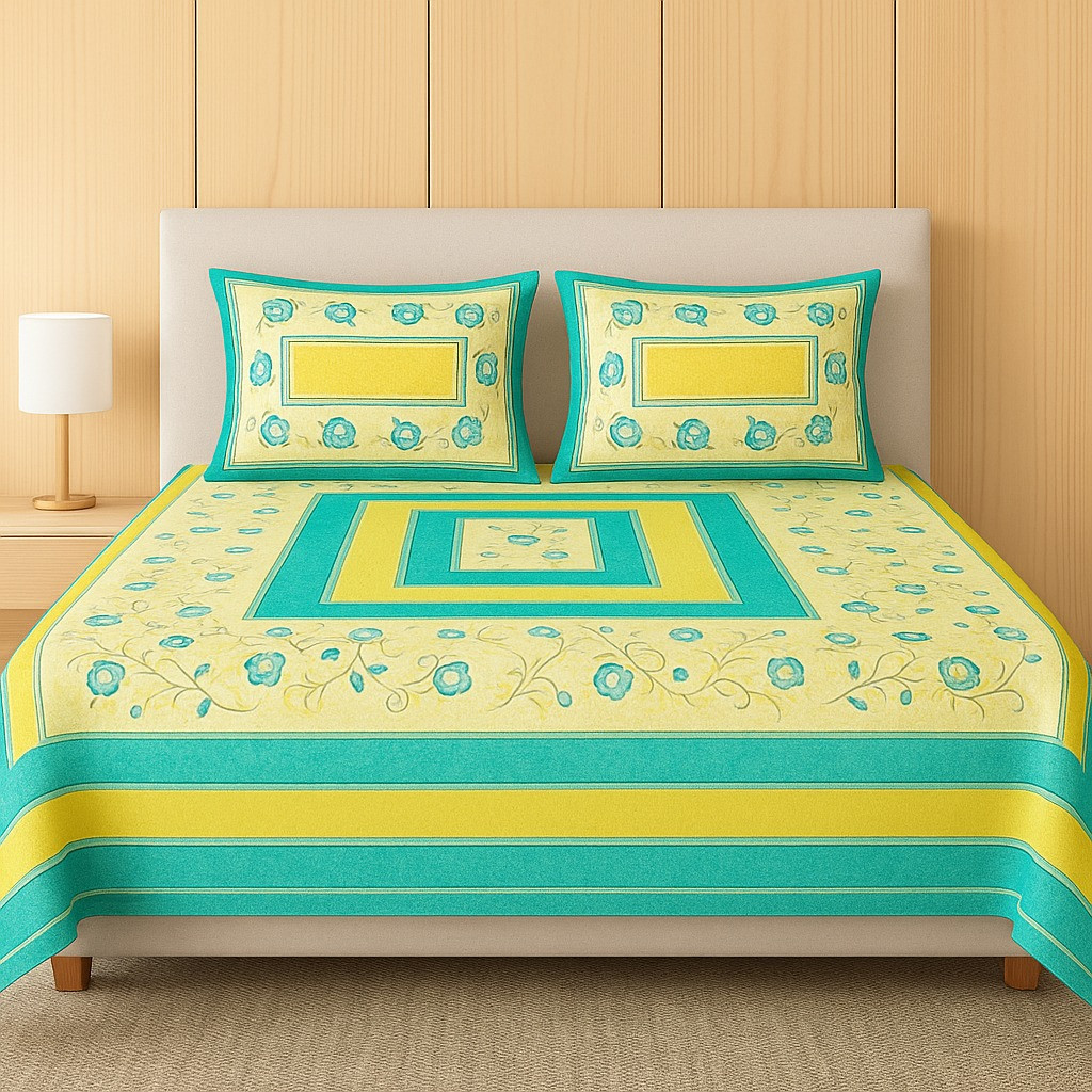 Yellow & Aqua Blue Floral Cotton Double Bedsheet with 2 Pillow Covers