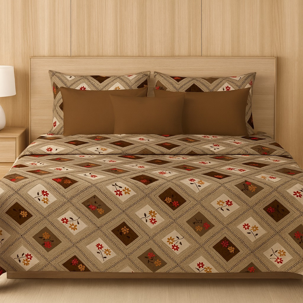Beige & Brown Geometric Cotton Double Bedsheet with 2 Pillow Covers