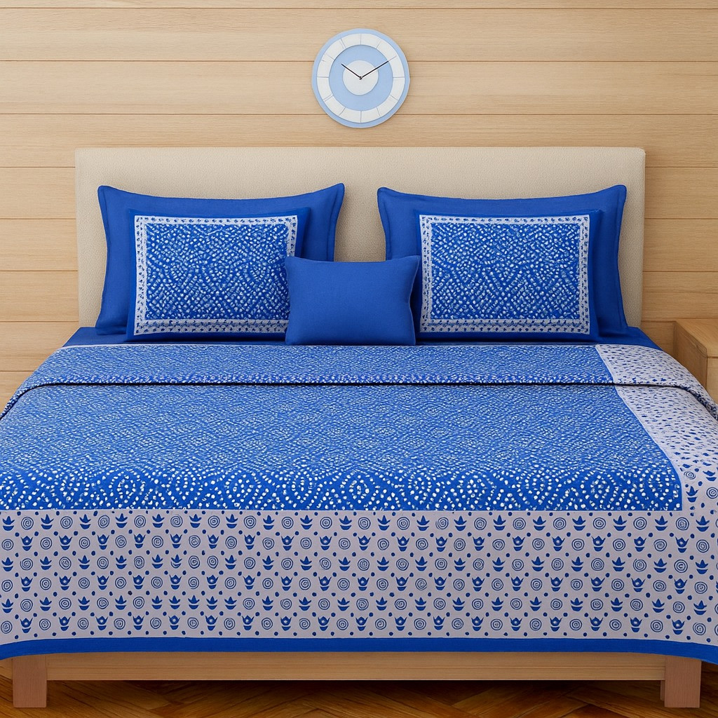 Blue Cotton Double Bedsheet with 2 Pillow Covers