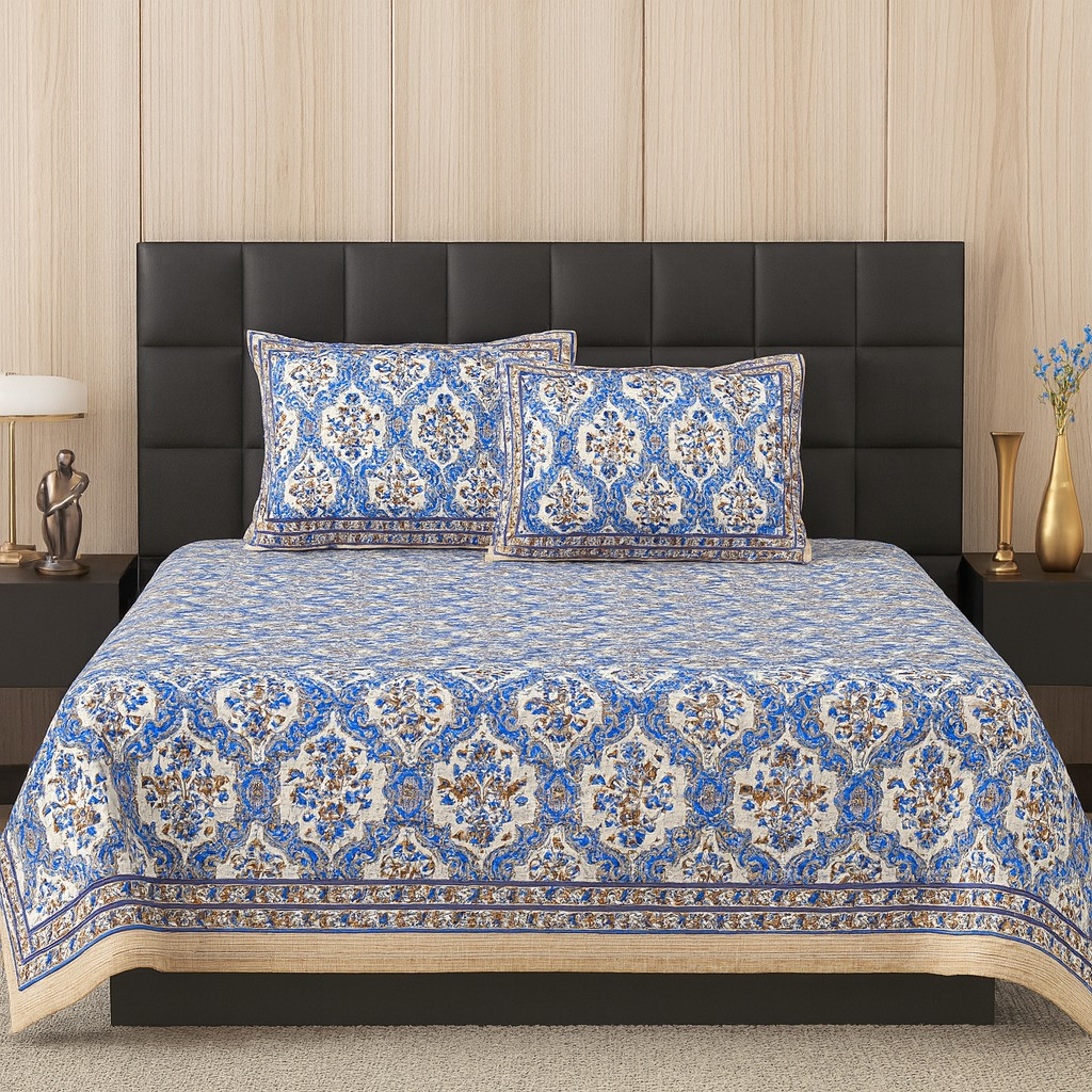 Blue & Beige Ethnic Print Cotton Double Bedsheet with 2 Pillow Covers