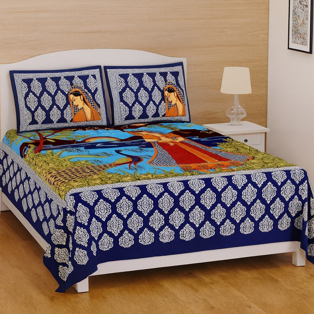 Royal Blue Rajasthani Lady Print Cotton Double Bedsheet with 2 Pillow Covers