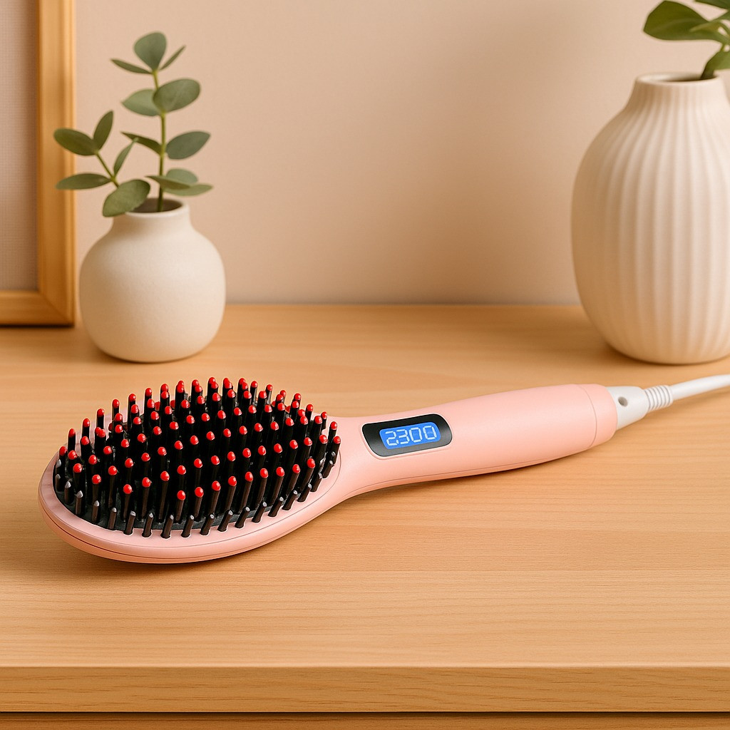 Fast Hair Straightener Brush – Digital Display & Ceramic Bristles