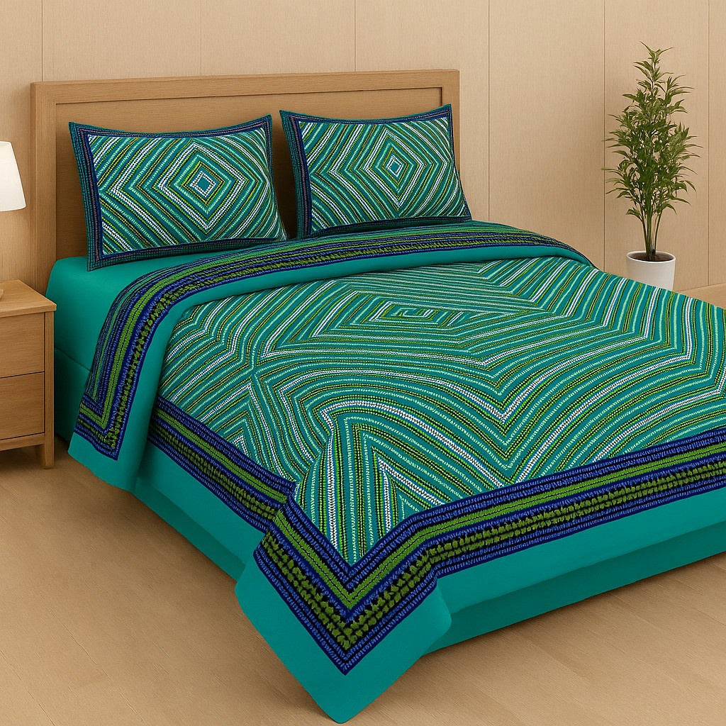 Green & Blue Striped Cotton Double Bedsheet with 2 Pillow Covers