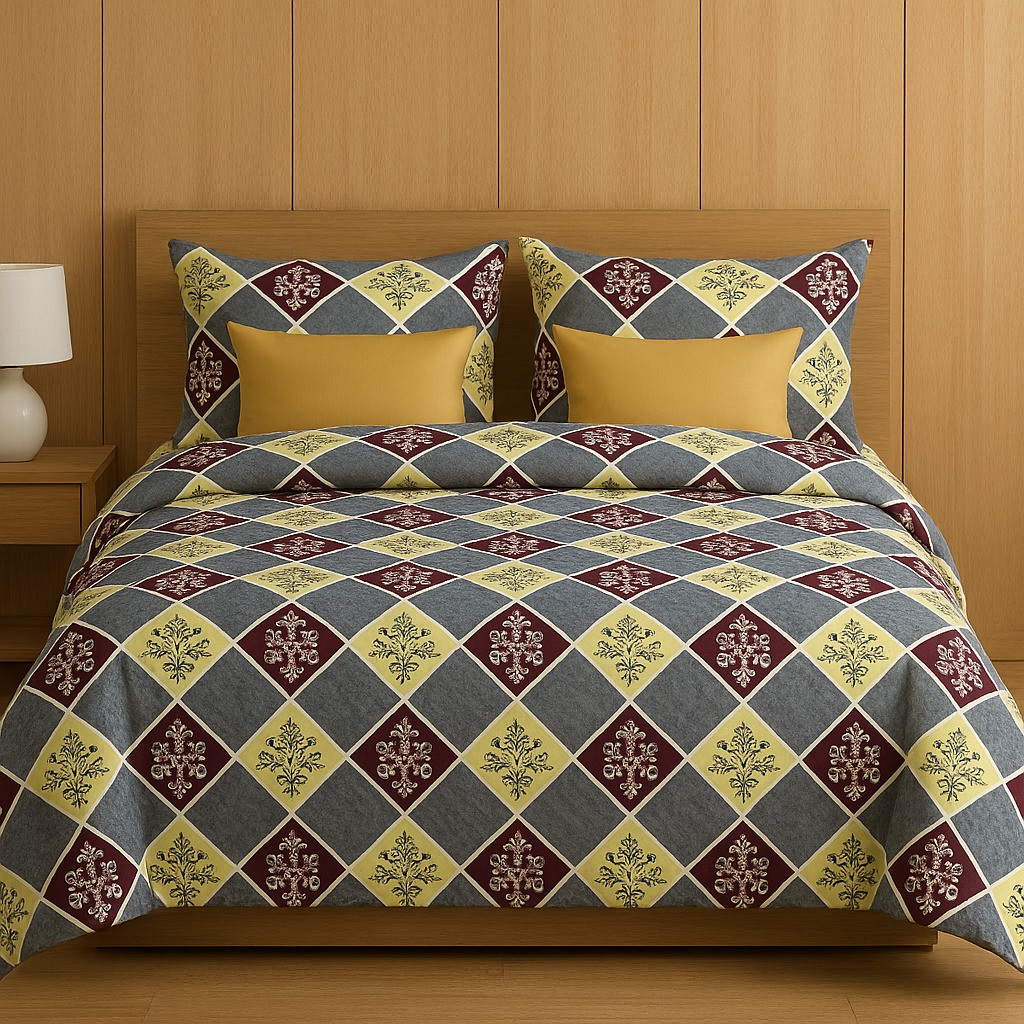 Premium Cotton Grey, Yellow & Maroon Diamond Printed Double Bed Sheet with Pillow Covers