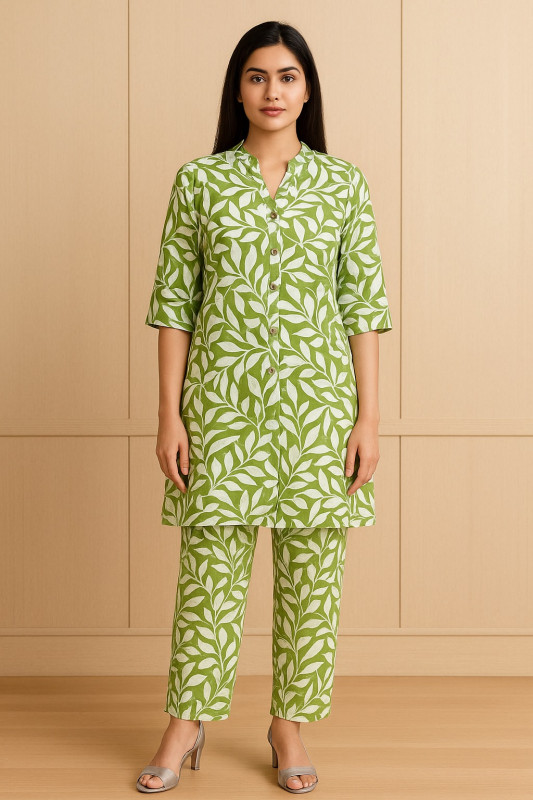 Women’s Green Leaf Printed Cotton Kurta with Pant Set