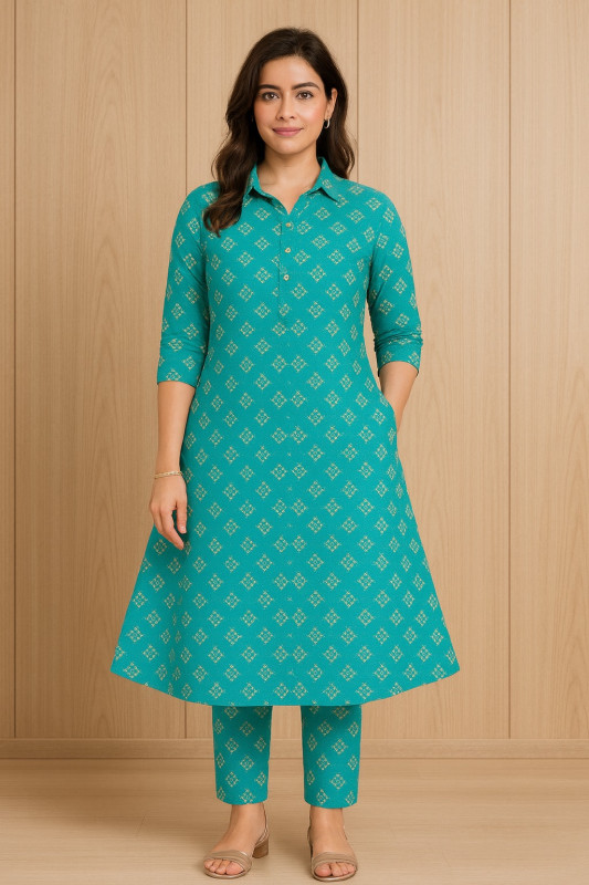 Teal Blue Printed Cotton Kurta with Pant Set for Women