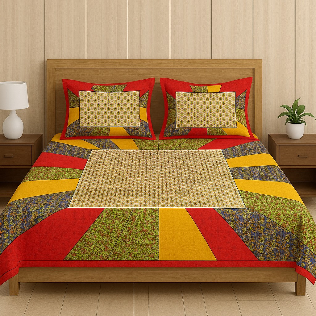 Multicolor Patchwork Cotton Double Bedsheet with 2 Pillow Covers