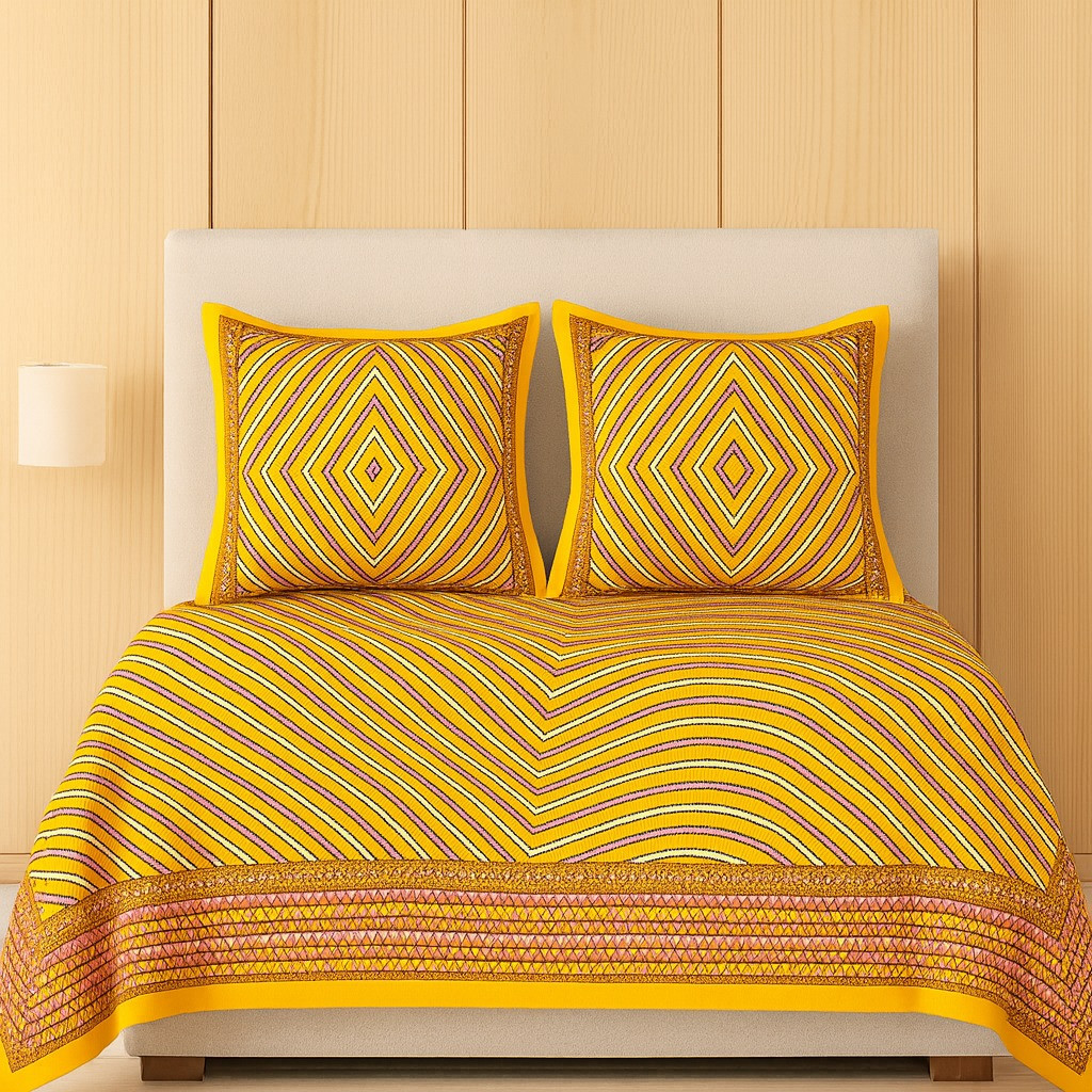 Bright Yellow Geometric Printed Double Bedsheet with Pillow Covers