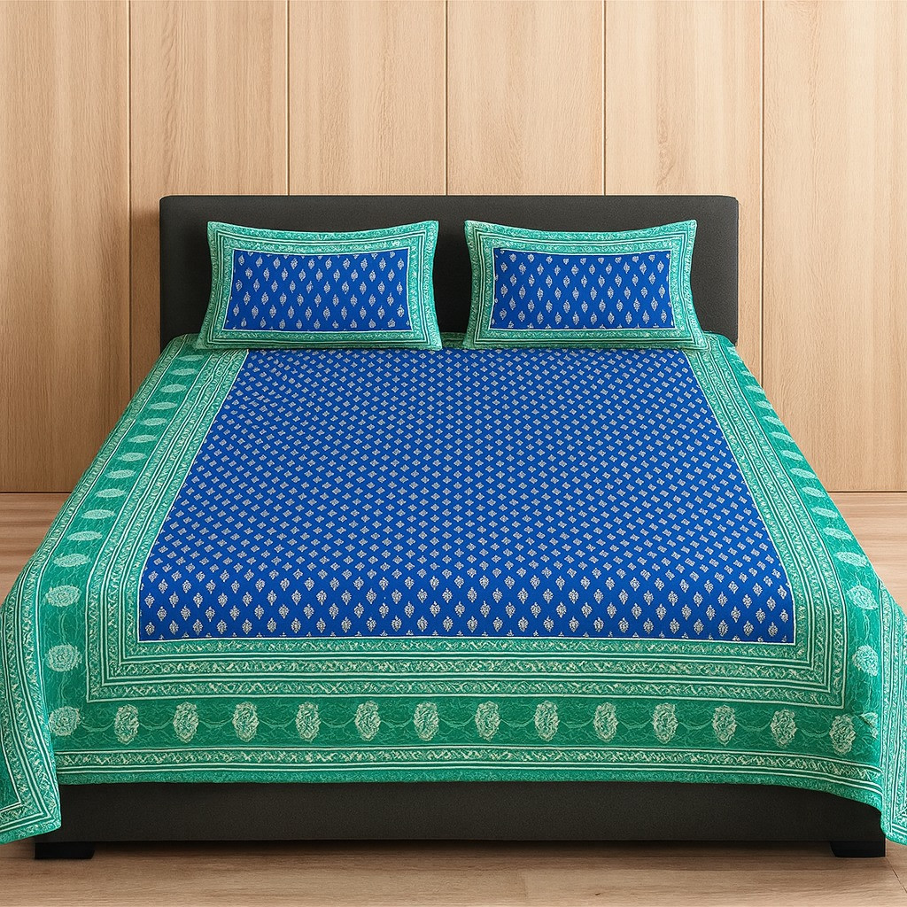 Blue & Green Border Cotton Double Bedsheet with 2 Pillow Covers